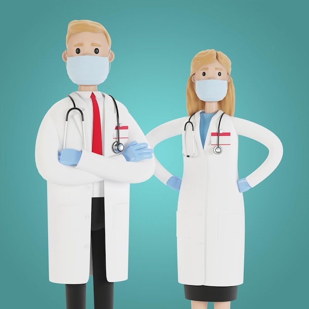Médicos homem e mulher em máscaras e luvas ilustração 3D em estilo cartoon