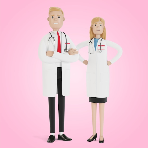 Médicos homem e mulher ilustração 3D em estilo cartoon
