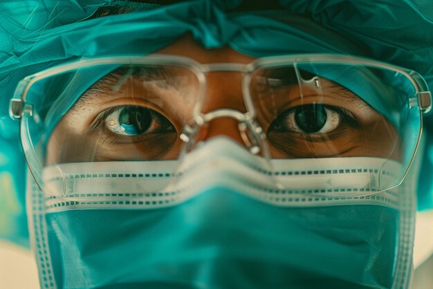 Los médicos miran fijamente con máscara y gafas.