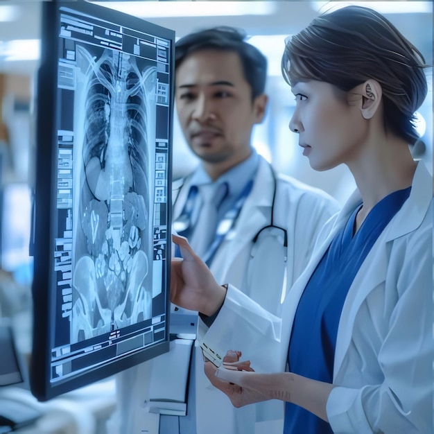 Foto los médicos miran la imagen de rayos x del paciente en la oficina del hospital