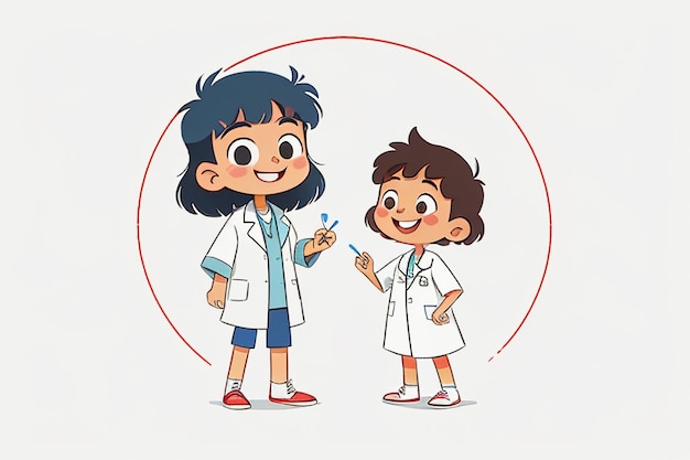 Médicos y niños explicando el contenido de promoción del conocimiento fondo de pantalla de anime de dibujos animados