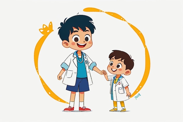 Médicos y niños explicando el contenido de promoción del conocimiento fondo de pantalla de anime de dibujos animados