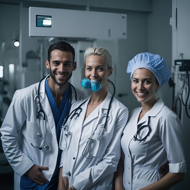 Médicos y propaganda de enfermería sonriendo bienvenidos.