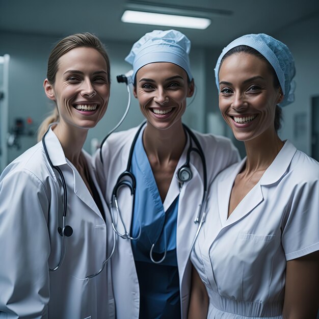 Médicos y propaganda de enfermería sonriendo bienvenidos.