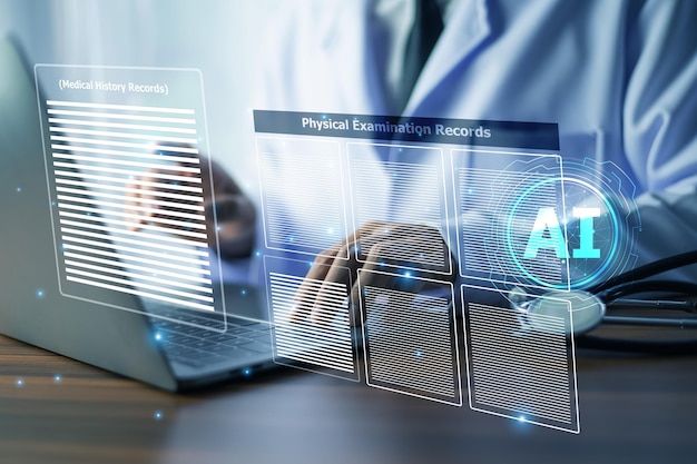 Médicos que utilizan tecnología de IA para analizar los registros de pacientes y mejorar la eficiencia de la atención médicaProfesionales de la salud que emplean algoritmos de IA para optimizar la atención al paciente y el manejo de datos