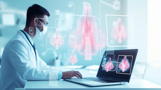 Los médicos de la salud y la medicina usan computadoras portátiles para bloquear la IA generada