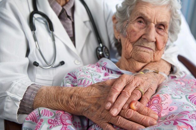 Foto los médicos se toman de la mano para animar a las mujeres ancianas en el hospital.