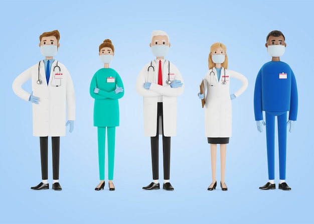Médicos. Um grupo de trabalhadores médicos. Médico-chefe e especialistas médicos. Ilustração 3D em estilo cartoon.