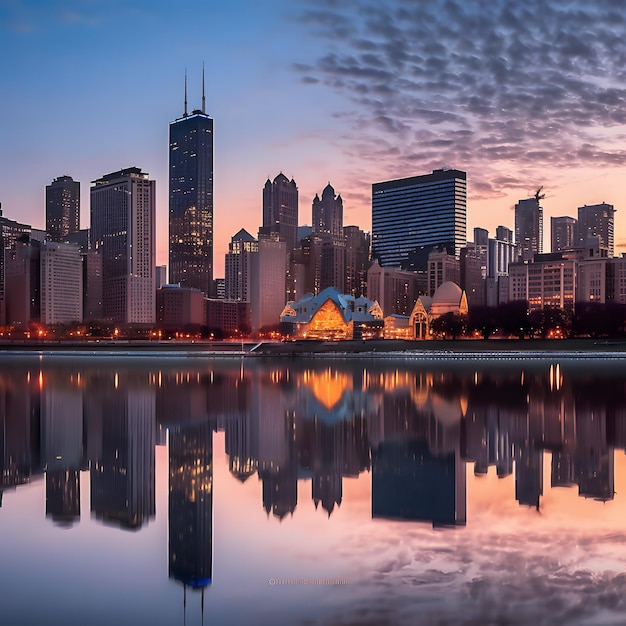 À medida que a primeira luz do amanhecer banha o horizonte de uma cidade feito com inteligência artificial generativa