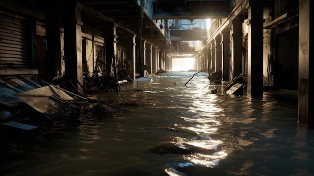 À medida que a tempestade rages nos andares oncedry dos edifícios ficam submersos nas águas tumultuadas da inundação