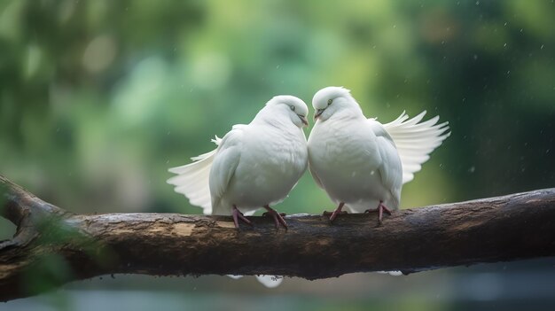 A medida que la luz del día se desvanece una pareja de palomas encuentra consuelo en una rama de árbol sus siluetas grabadas contra un telón de fondo borroso soñador creando una escena atemporal y romántica