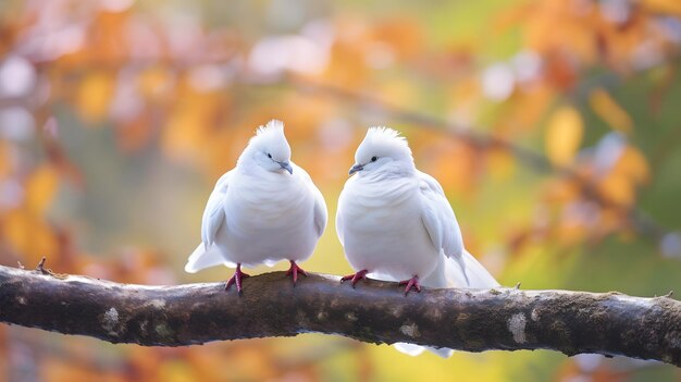 A medida que la luz del día se desvanece una pareja de palomas encuentra consuelo en una rama de árbol sus siluetas grabadas contra un telón de fondo borroso soñador creando una escena atemporal y romántica