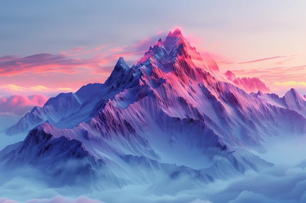 À medida que o dia termina, o Alpenglow beija os picos nevados criando uma tapeçaria de montanha mágica gerada pela IA.