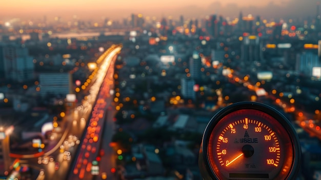 Foto medidor de combustible contra el bullicioso paisaje urbano al anochecer, simbolizando la energía que impulsa la vida urbana