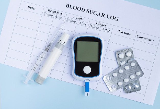 Medidor de glicose de diabetes para diagnóstico lanceta seringa e pílulas no nível de açúcar no sangue log vista superior