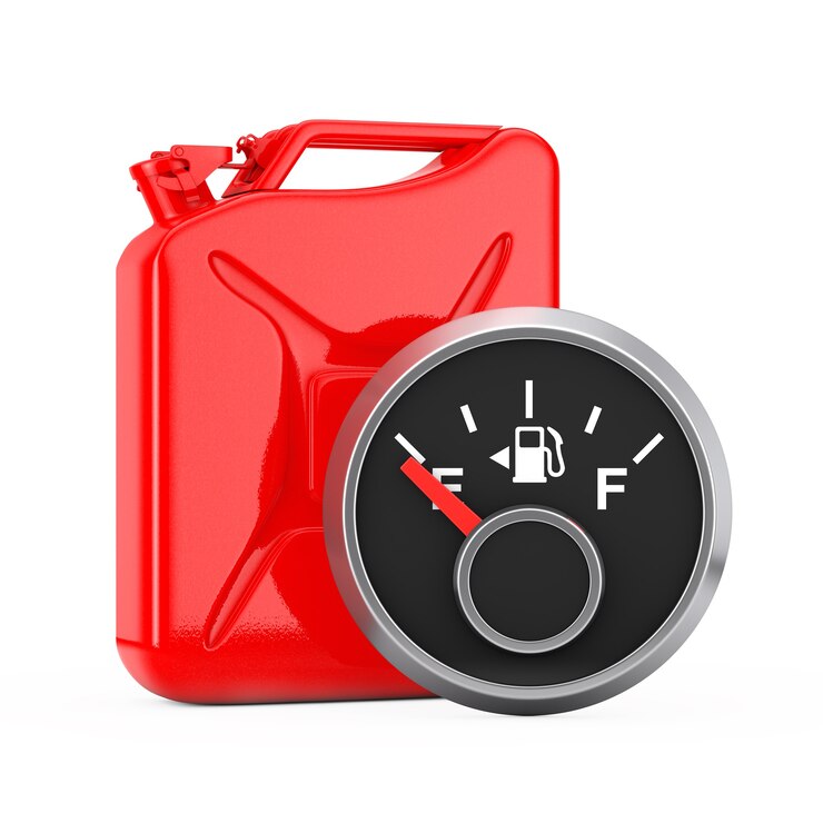 Foto medidor de painel de combustível mostrando um tanque vazio na frente do jerrycan de metal vermelho em um fundo branco. renderização 3d