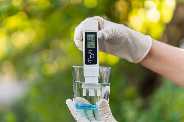 Foto medidor de ph nas mãos com luvas copo de água em fundo desfocado da natureza medição das características da água potável dureza da água água pura destilada altos valores impurezas de sal