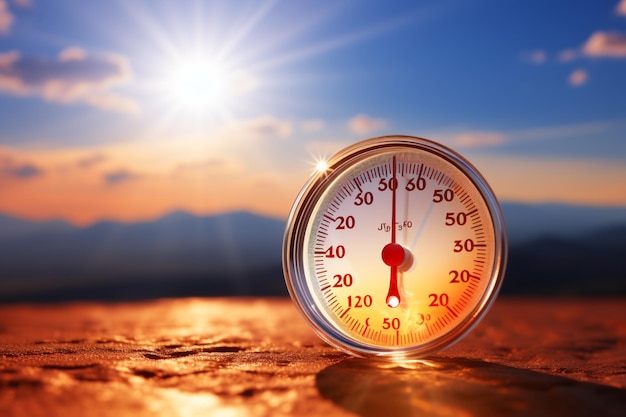 Medidor de termômetro iluminado pelo sol rastreando a temperatura crescente do sol em segundo plano