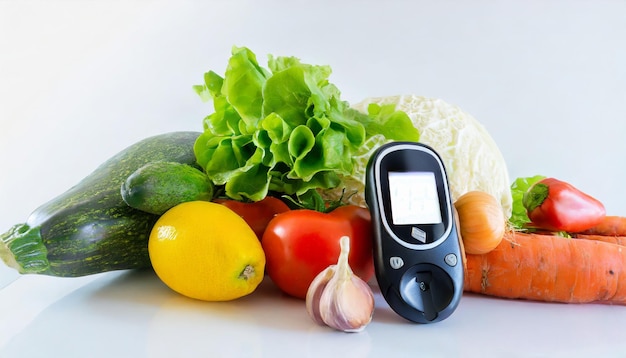 Foto medidor de glucosa y verduras crudas frescas y maduras