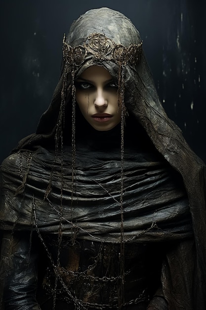 medieval com capuz velado moda menina moda escura horror mascarado bruxa atraente quente detalhes do rosto