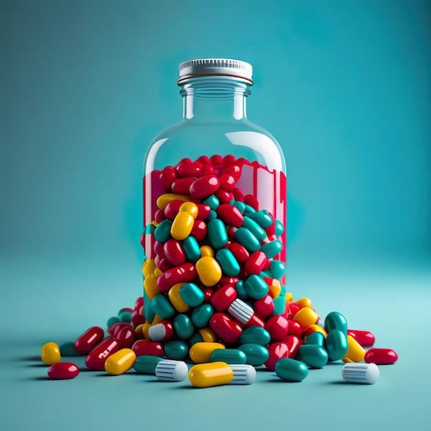 Medikamentenflasche verschüttet bunte Pille mit generativer KI