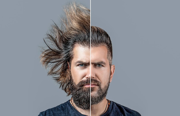 Medio afeitado joven guapo con la mitad de la cara afeitada hombre con una barba en la mitad