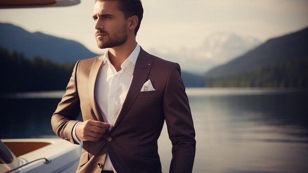 En medio de las aguas tranquilas de un lago un hombre suave en un traje tradicional cierra su chaqueta con un lujoso yate débilmente visible en el fondo