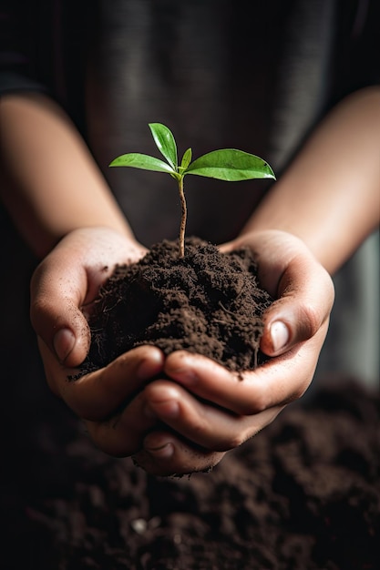 Medio ambiente Día de la Tierra Entre sus dos manos está el suelo y el árbol joven Concepto de naturaleza ambiental