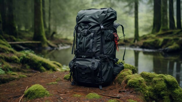 En medio de un bosque cautivador una mochila colosal descansa sobre una vibrante alfombra de musgo