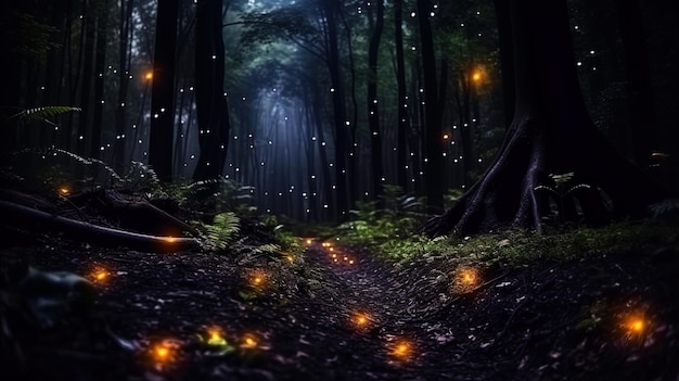 En medio de un bosque sombrío LuciferinInfundido en insectos de fuego brillan parecidos a estrellas