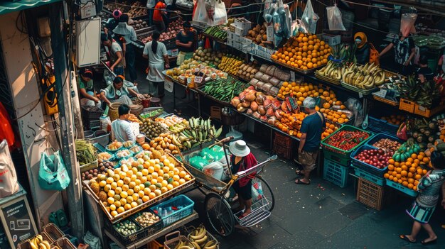 Foto en medio del bullicioso mercado, el carrito teje a través de los pasillos un símbolo del ciclo interminable de compras y consumo que alimenta nuestras vidas diarias.