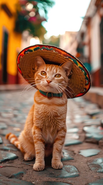 En medio de una carretera de una ciudad mexicana un gato naranja con un sombrero mexicano en el fondo borroso