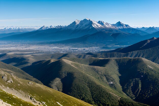 En medio de los cielos azules se elevan majestuosos picos un tapiz panorámico de esplendor de las montañas