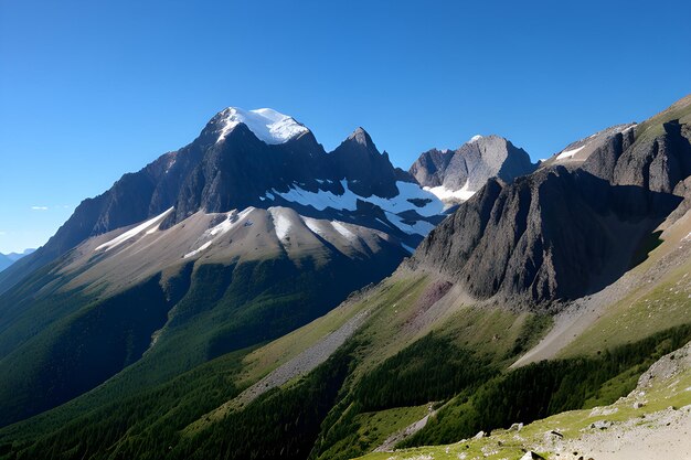 En medio de los cielos azules se elevan majestuosos picos un tapiz panorámico de esplendor de las montañas