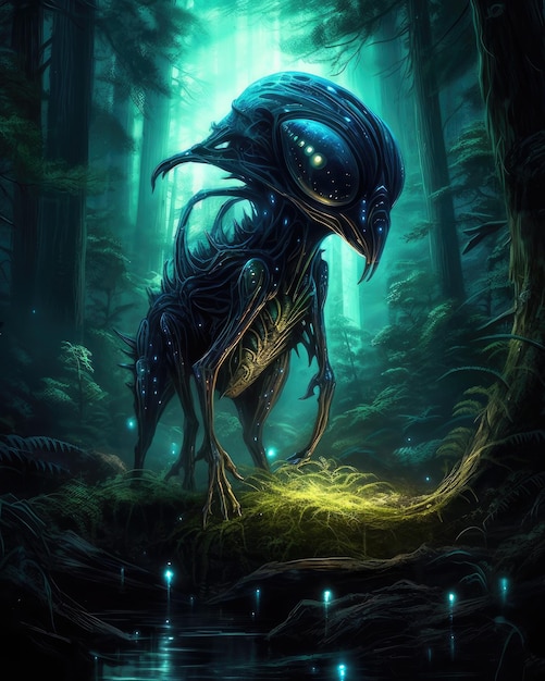 En medio de un denso bosque una criatura alienígena