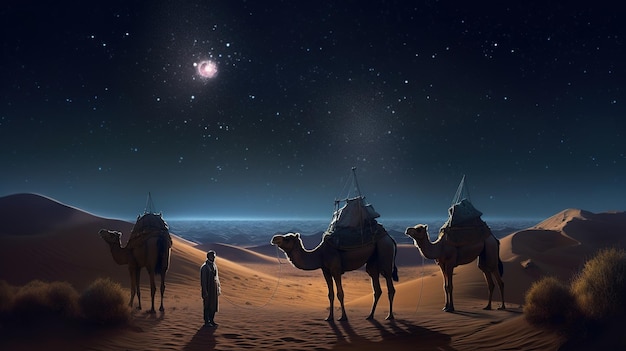 En medio del desierto por la noche hay tres camellos parados