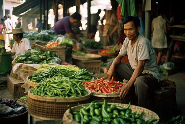 Foto medio disparó a la gente de asia vendiendo verduras