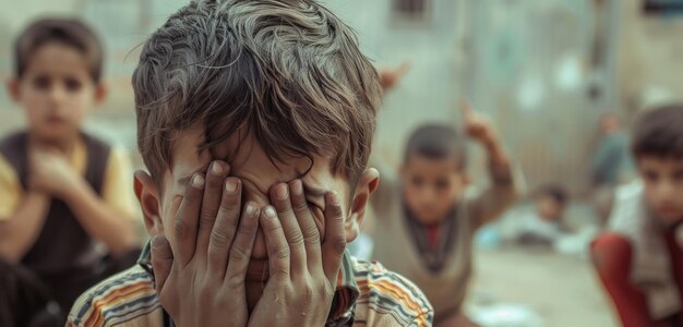 En medio de un fondo bullicioso un niño esconde su cara capturando un momento personal de paz la profundidad del campo acentúa su juego solitario