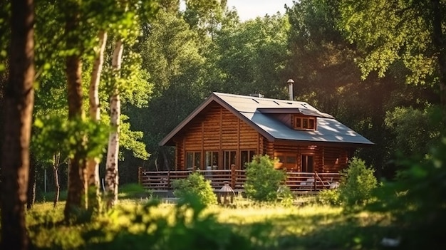 En medio de un frondoso bosque con una cabaña de madera IA generativa las ventajas y desventajas de una casa de madera y la idea de bienes raíces suburbanos