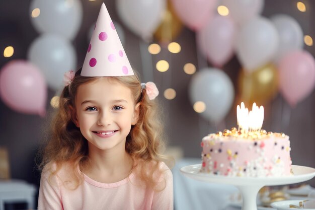 En medio de una habitación llena de decoraciones una niña sonriente disfruta de su cumpleaños