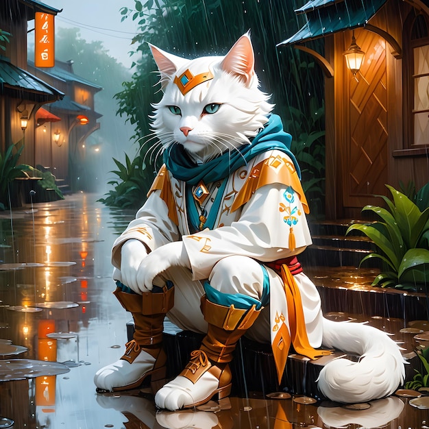 Foto en medio de una lluvia suave hay un pensativo blanco bohemio gato antropomórfico graciosamente encaramado un