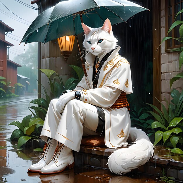 En medio de una lluvia suave hay un pensativo blanco bohemio gato antropomórfico graciosamente encaramado un