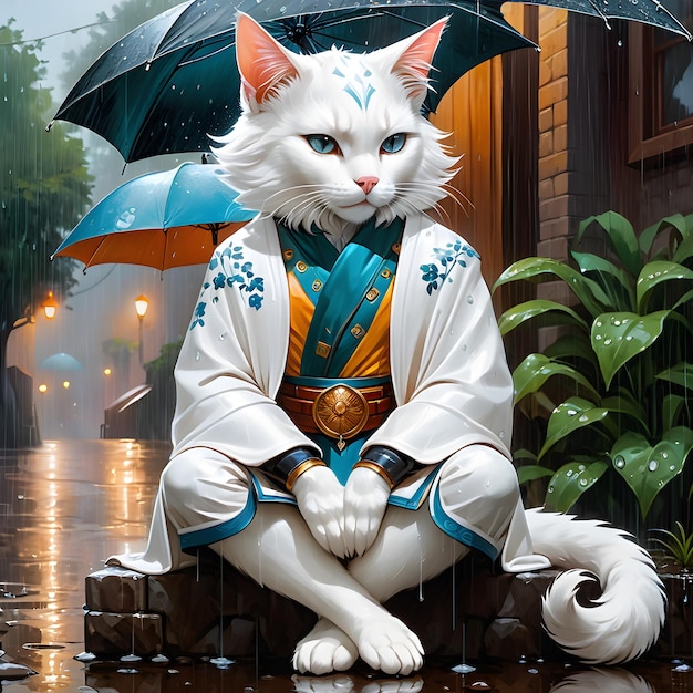 En medio de una lluvia suave hay un pensativo blanco bohemio gato antropomórfico graciosamente encaramado un