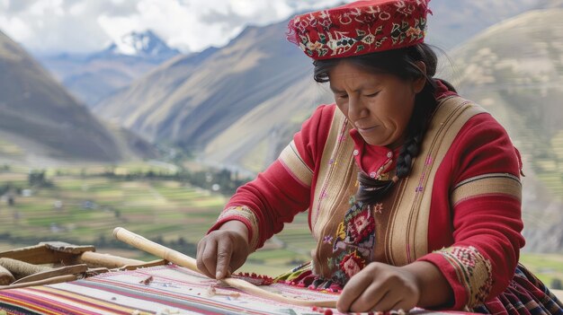 Foto en medio de las montañas andinas, las mujeres indígenas del perú tejen intrincados textiles preservando antiguas tradiciones transmitidas de generación en generación.