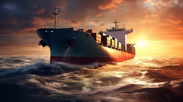 En medio de olas interminables navega un carguero Su enorme estructura surca las aguas viaje de comercio
