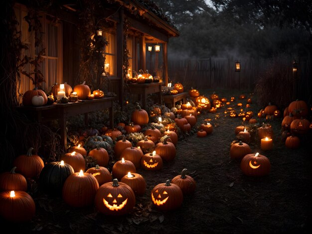 En medio de las profundidades encantadoras de un bosque las calabazas de Halloween están esparcidas como faros de calor