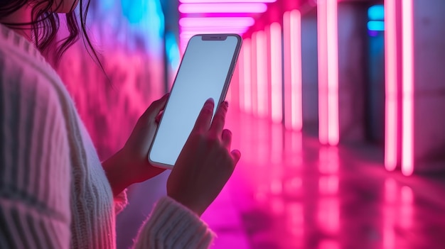 En medio de una red social y una tecnología moderna la mano de una mujer sostiene un teléfono usando una pantalla en blanco sobre un fondo de neón espacio de copia de cerca