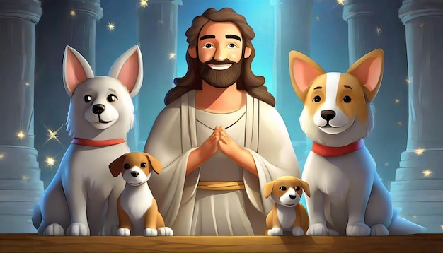 Medio tiro desenho animado Jesus cercado de mão de cão pequeno e animal de fundo