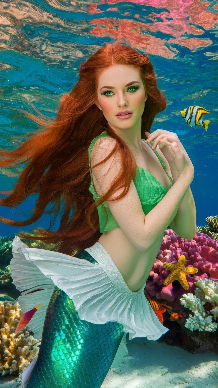Foto medio tiro linda mermaid posando debaixo d'água
