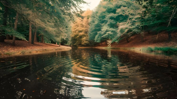 En medio de un tranquilo bosque claro las aguas de un estanque sereno brillan con reflejos caleidoscópicos de la